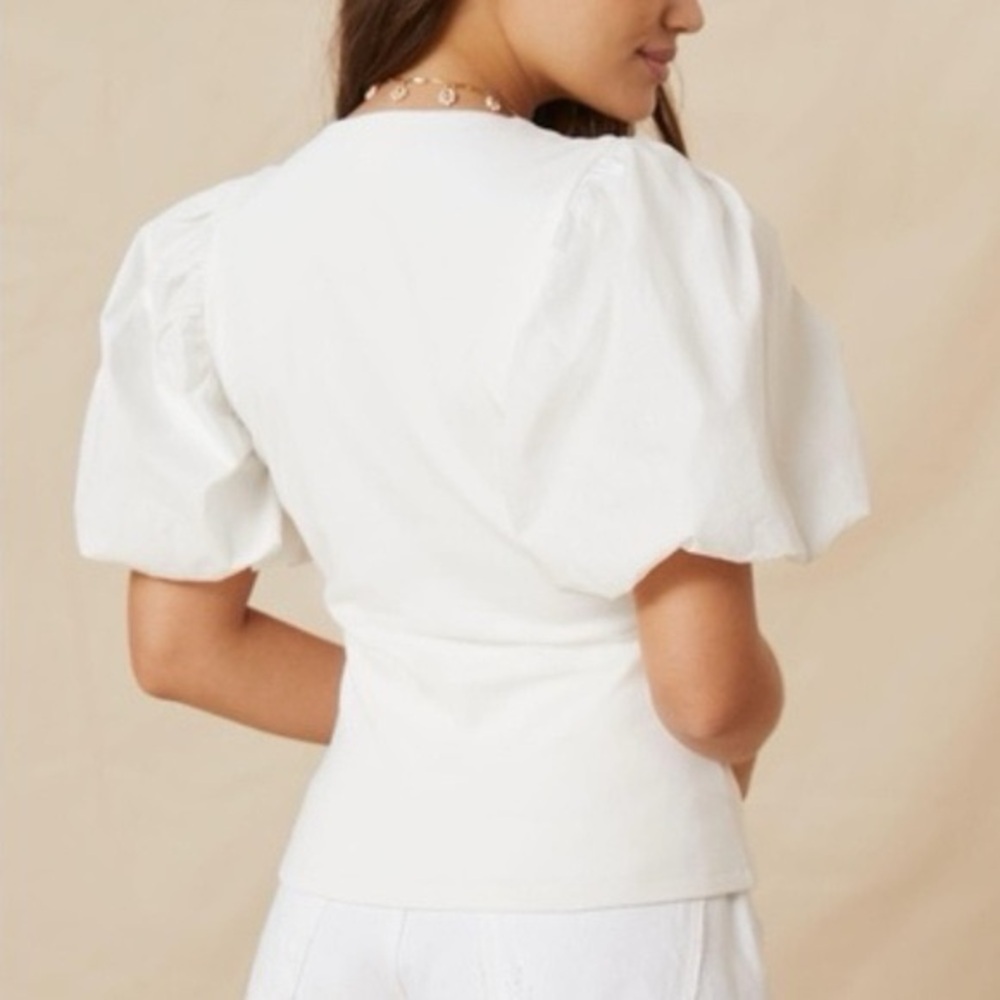 Anthropologie Maeve White Puff Sleeve Zip-Back Blouse XXS